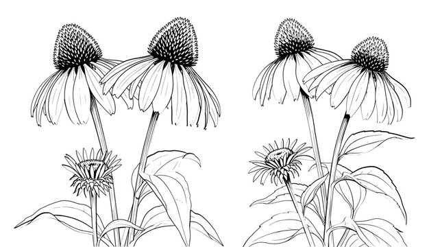 Vector art of echinacea flower botanical drawing, showcasing its petals, cone, and stem in detail