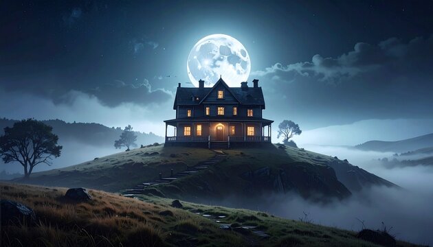 Haunted House Full Moon Night Spooky Hilltop Mansion