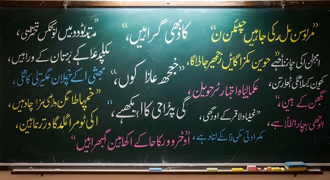 A classroom blackboard filled with Urdu quotes and poetry written in colorful chalk, inspiring students with wisdom, motivation, and cultural heritage in an educational environment.

