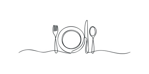 Continuous Line Drawing of Plate and Utensils