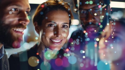 A diverse team collaborating around a glowing data visualization, a scene of AI transformation and teamwork innovation. - Powered by Adobe