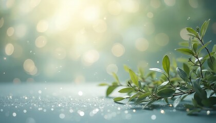 Olive green leaves on branch. Blurred silver and white background with glitter lights. Sunlight shines on green leaves and sparkles on floor. Abstract bokeh effect. Defocused image with copy space.