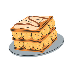 Mille-feuille or French custard, vanilla slice. Vector napoleon dessert. Sweet food with layers and sugar glaze. Gourmet patisserie for cafe or restaurant. Confectionary for holiday celebration.