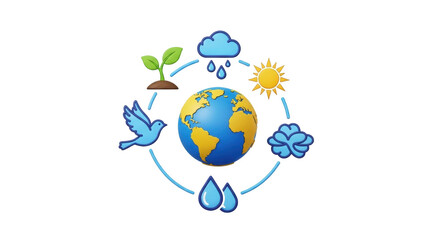 Isolated representation of environmental elements arranged around Earth, simple illustration