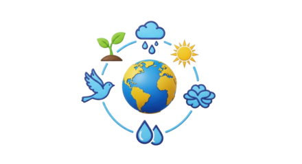 Isolated representation of environmental elements arranged around Earth, simple illustration