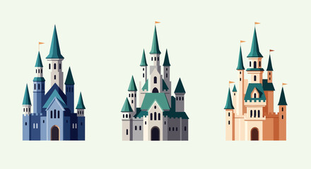 Obraz premium Three fairytale castles with tall spires and intricate details.