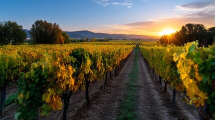 Naklejka premium A row of grape vines with the sun shining on them