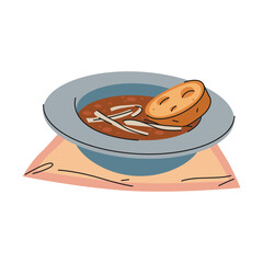 Vector onion soup or hot savory broth in bowl. Traditional autumn dish or culinary meal for restaurant or cafe menu. Kitchen cooking with vegetable. Vegan and vegetarian nutrition. Recipe and cook.