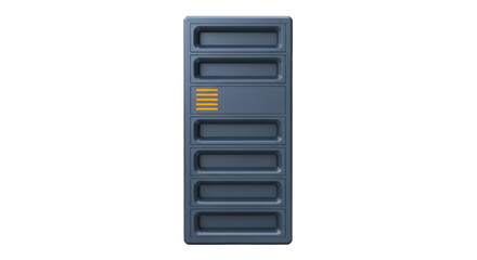 Isolated blue metal cabinet with drawers, a data storage unit with yellow stripes
