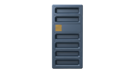 Isolated blue metal cabinet with drawers, a data storage unit with yellow stripes