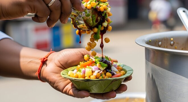 Chutney is poured over chana chaat in a leaf bowl at a bustling outdoor food stall, capturing the vibrant, spicy, and tangy flavors of traditional Indian street food culture and culinary delight.

