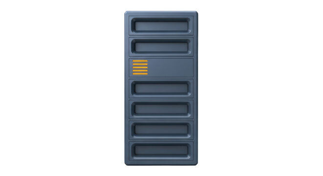 Isolated blue metal cabinet with drawers, a data storage unit with yellow stripes