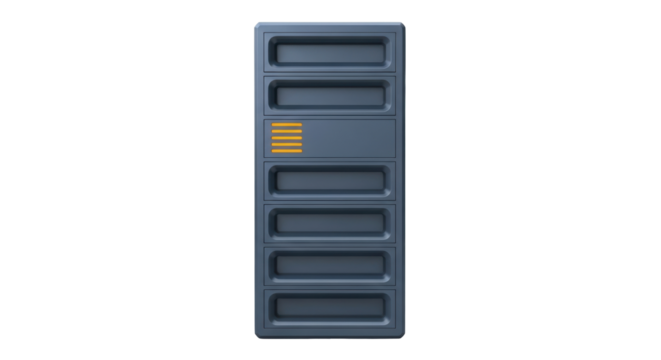 Isolated blue metal cabinet with drawers, a data storage unit with yellow stripes