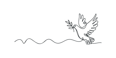 Fototapeta premium Single line drawing of a dove carrying a branch