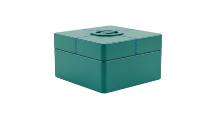Isolated teal keepsake box has lid detail with stitched accents, gift presentation