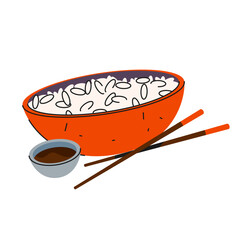 Vector Chinese rice in bowl with chopsticks. Food with soy sauce and white grain. Asian cuisine or China culinary. Restaurant menu icon or street oriental meal sign. Dish element for cooking recipe.