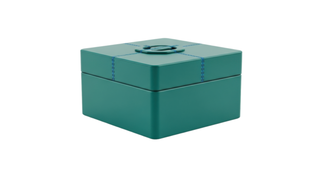 Isolated teal keepsake box has lid detail with stitched accents, gift presentation