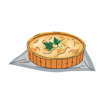 Quiche lorraine food or French pastry with eggs. Vector culinary pie or tart with cheese. Cooking for restaurant menu icon. Gourmet brunch clipart. Gastronomy and cuisine, European kitchen sign.