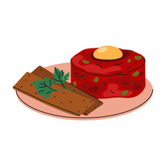 Tartare or minced beef steak with egg yolk. Vector raw meat meal on plate. Isolated culinary for gourmet restaurant or cafe menu. Haute cuisine icon. Cooking and gastronomy, delicacy lunch food sign.