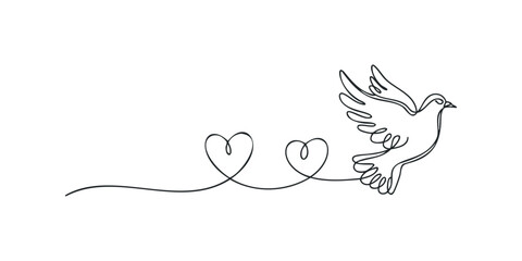 Single line drawing of a dove carrying hearts