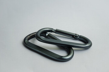 Essential part of adventure gear. A pair of metallic carabiners for camping, hiking, or survival kits.