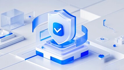  A 3D shield icon with a blue gradient, with a transparent frosted glass texture, representing protection and defense, etc