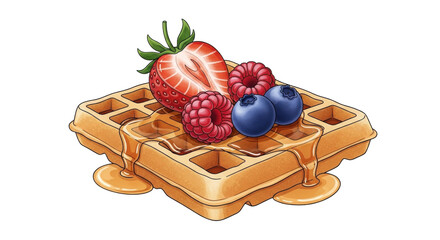 Isolated waffle topped with strawberry, raspberries and blueberries for breakfast or brunch