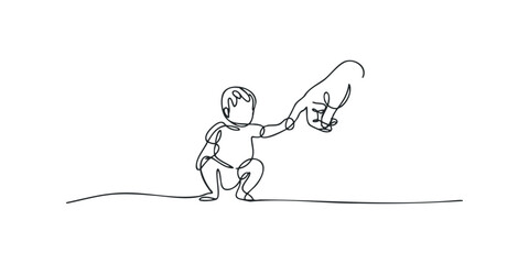 Toddler holding adult finger in continuous line drawing