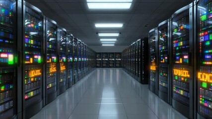 Modern server room with rows of glowing computer racks and lights - Powered by Adobe