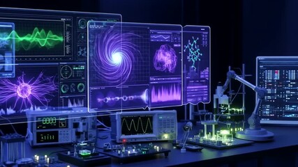 Futuristic laboratory with holographic displays analyzing complex data - Powered by Adobe