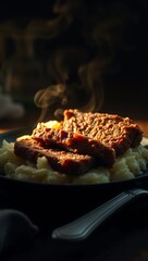 meatloaf mashed potatoes moody dramatic shadows cinematic backlight steam rustic dark cozy  
