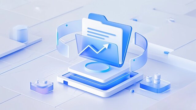 A 3D folder chart icon in blue color with a transparent frosted glass texture, indicating data saving and storage, etc
