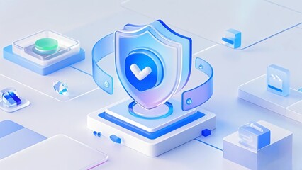 A 3D security icon in a blue hue with a transparent frosted glass texture, indicating a sense of safety and security.