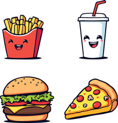 Cute fast food illustration — cartoon-style burger, fries, soda, and pizza slice with smiling faces and playful expressions