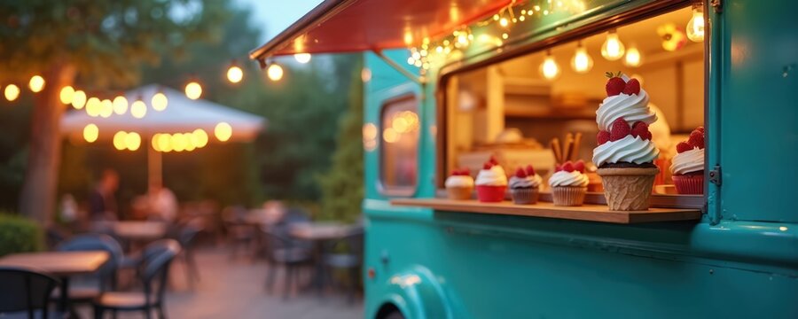 Food truck with glowing lights serves sweet desserts like ice cream and cupcakes. Outdoor seating area with blurred people and string lights in the background.