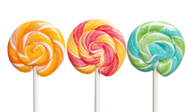 Three colorful lollipops with swirled patterns on white sticks, isolated against a white background.