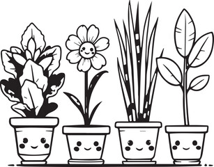 Cute potted plant illustration — black and white cartoon-style design of smiling pots with flower, grass, and leafy plant varieties
