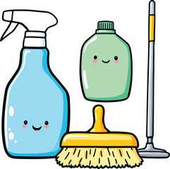 Cute cleaning supplies illustration — cartoon-style spray bottle, detergent, brush, and mop with smiling faces and playful design