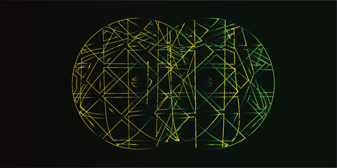 Abstract digital artwork featuring interconnected geometric shapes, lines, and patterns within two overlapping circles.