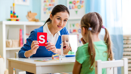 A realistic stock photo showing a child sitting at a small desk during a speech therapy session. A female speech therapist sits across from the child, holding a flashcard with the letter “S”. The chil