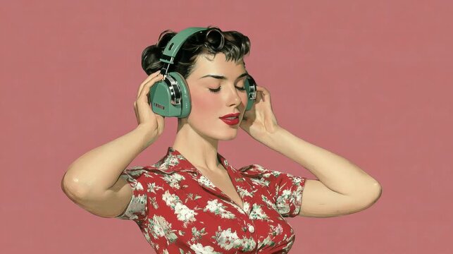 Mujer Pin-Up Cl&aacute;sica Escuchando M&uacute;sica con Auriculares Retro | Fondo S&oacute;lido 4K


