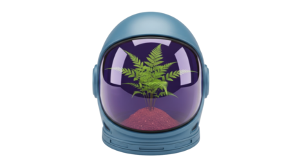 Isolated Plant growth inside spaceman helmet, exploring new worlds, life in space, new planet