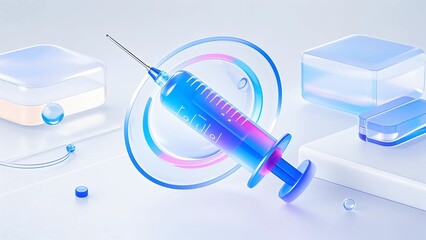 A 3D syringe icon in a blue-purple hue with a transparent frosted glass texture, indicating injections, medication, etc