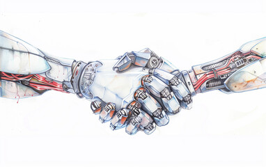 Robotic Handshake Illustration: Technology, Future, Collaboration, and Artificial Intelligence Concept on White Background