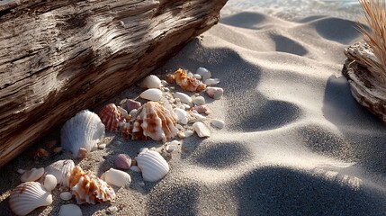 Seashells and driftwood adorn a sandy beach in the sunlight