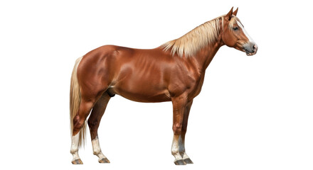 Obraz premium Isolated chestnut horse, standing, head up, palomino mane, beautiful animal in studio