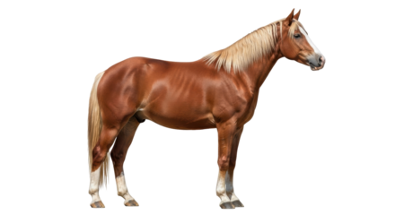 Isolated chestnut horse, standing, head up, palomino mane, beautiful animal in studio