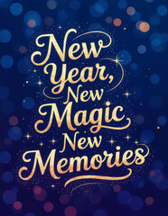 New Year card with calligraphic  lettering and bokeh lights background. 