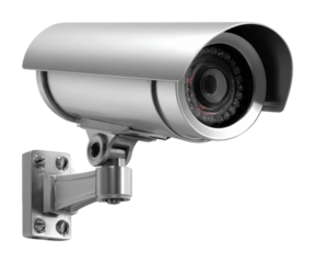 Surveillance camera installation at office building urban environment isolated on transparent background