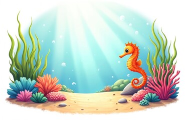 Seahorse swims in ocean among coral and seaweed underwater. Seahorse in ocean water surrounded by sea plants and corals. Ocean floor with sand and water plants
